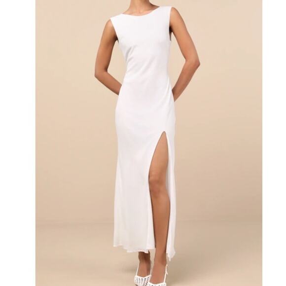 Lulus NWOT Yaneli White Boat Neck Cowl Back Sleeveless Fitted A-Line Maxi Dress - Picture 2 of 11